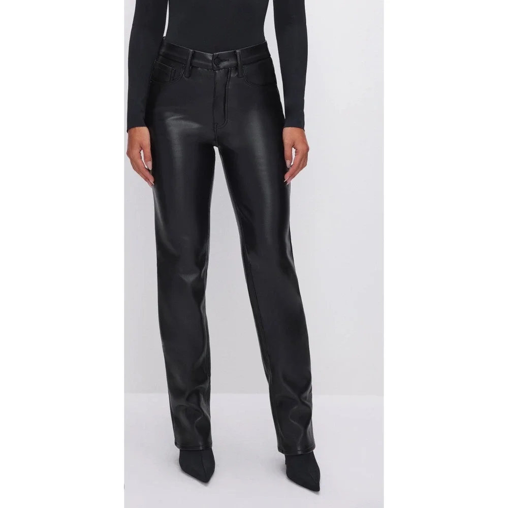 Good American Better Than Leather Straight Leg Pants Black Faux Leather Size 2